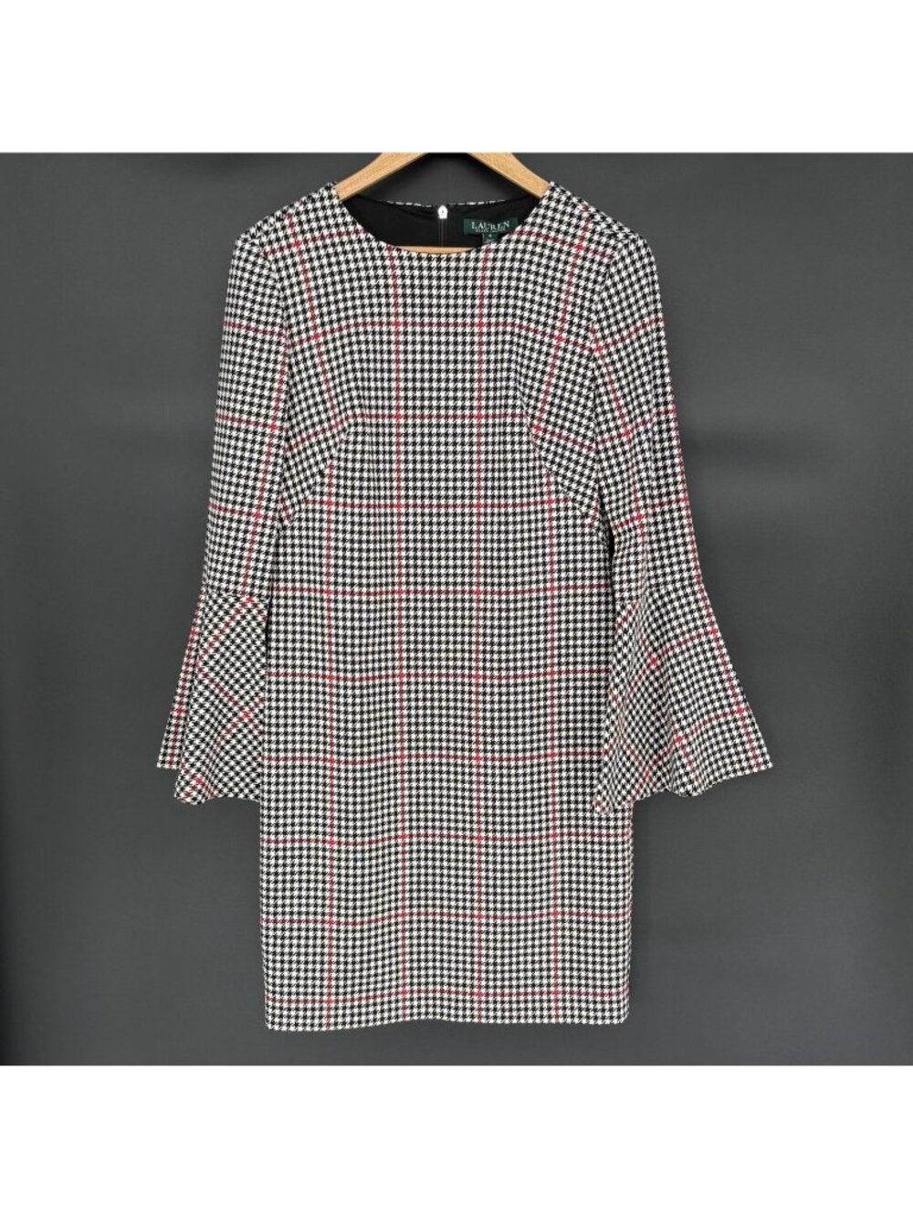 Lauren Ralph Lauren Houndstooth Bell Sleeve Sheath Dress 6 Black White Office